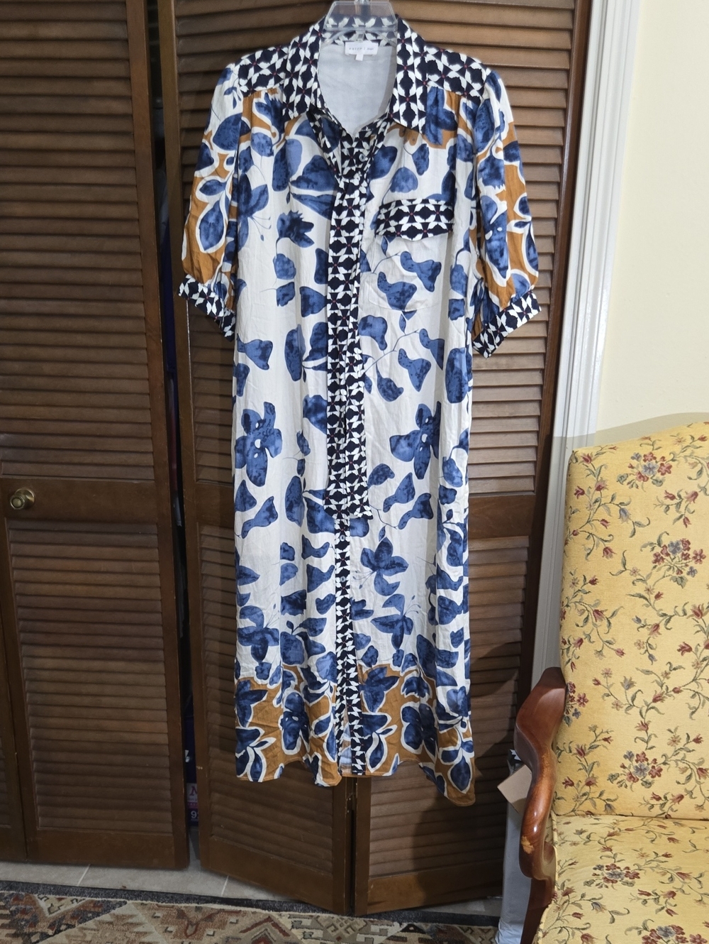 entro Blue and Mustard Floral Midi Dress with Contrasting Trim